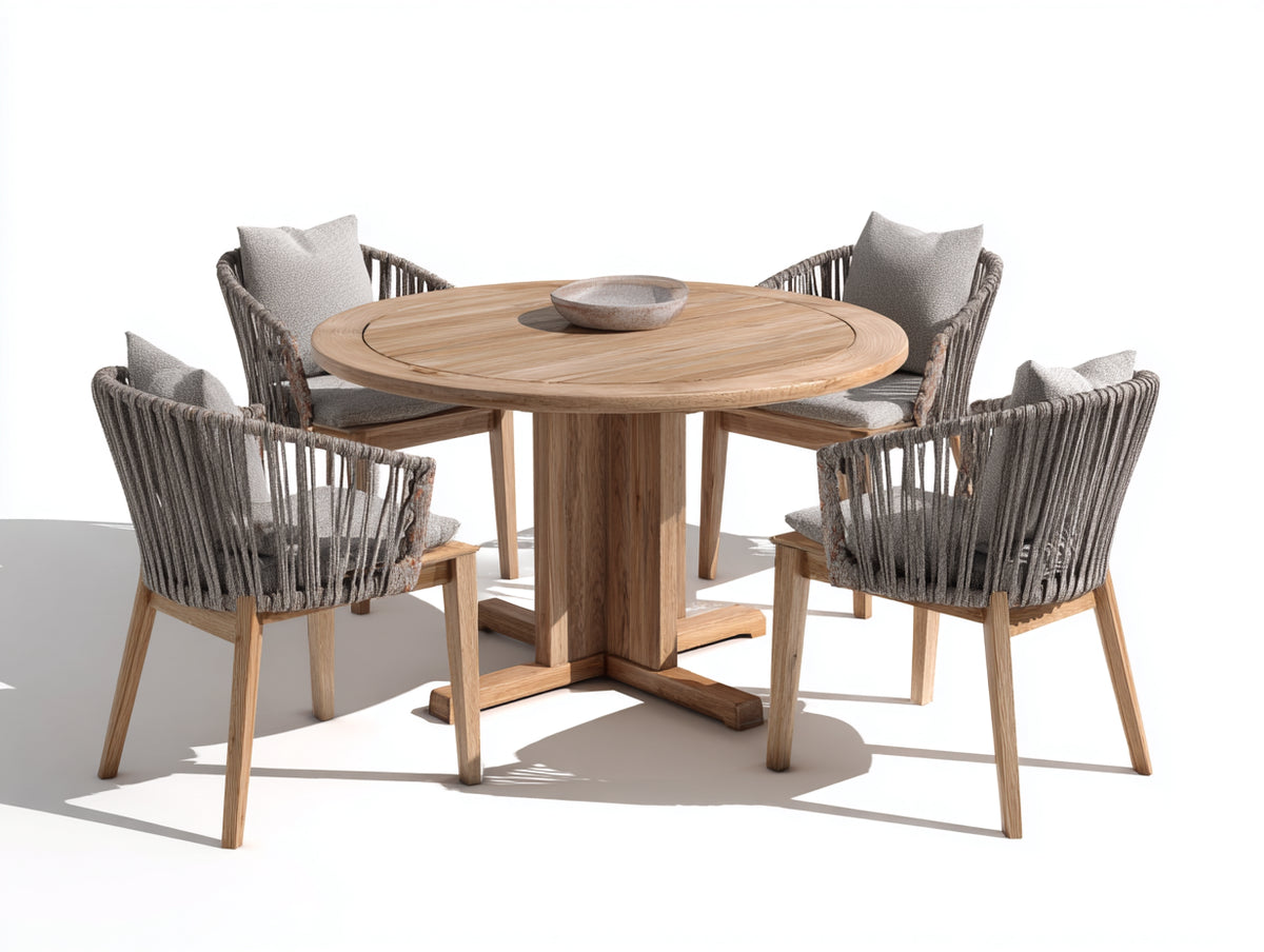 Conjuntos de comedor de jardín de madera para 4 personas 125x125x75 cm - marrón natural y gris - mesa redonda con 4 sillas