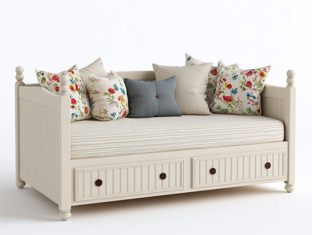 Sofás cama de madera 205 x 100 x 95 cm - Blanco crema y marrón oscuro - Diseño clásico con 2 cajones integrados
