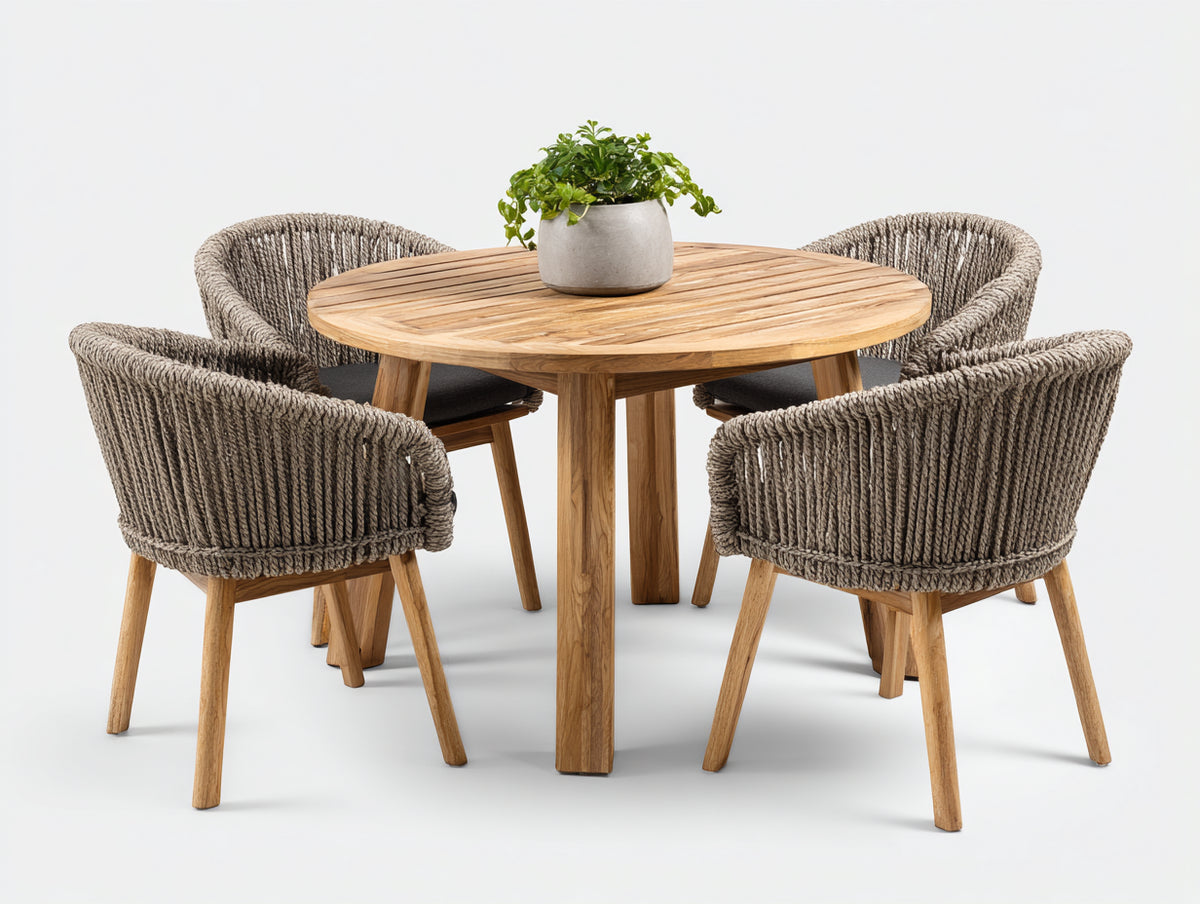 Conjuntos de comedor de jardín - madera cuerda y tejido - mesa 115 x 115 x 75 cm - natural-gris oscuro - conjunto redondo de 5 piezas