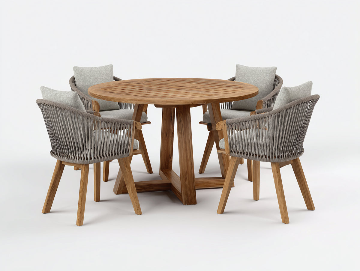 Conjuntos de comedor de jardín de madera para 4 personas 130x130x75 cm - marrón natural y gris claro - mesa redonda con 4 sillas
