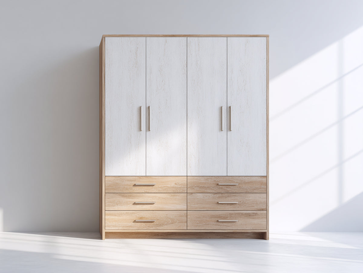 Armarios de madera 160 x 58 x 205 cm - Blanco y marrón natural - Diseño moderno con 4 puertas y 6 cajones