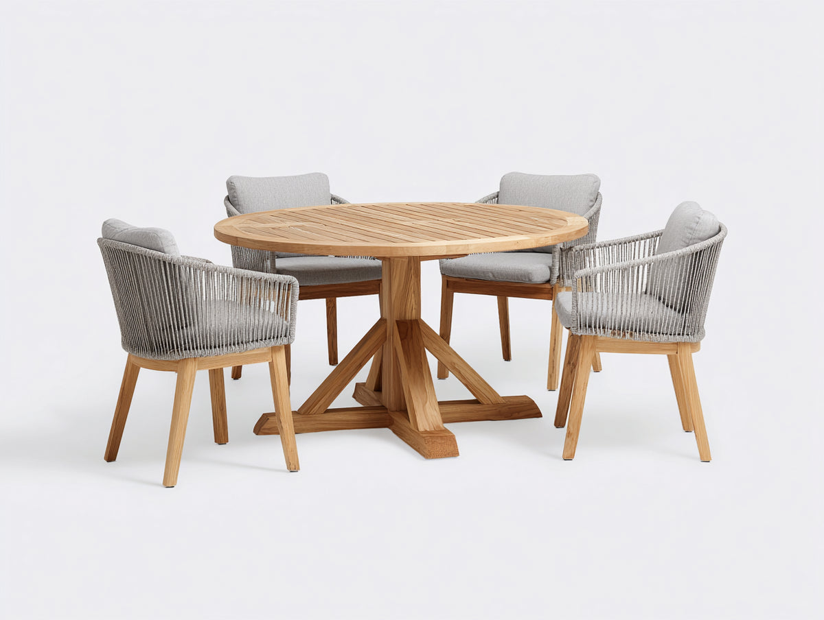 Conjunto de comedor de jardín 120x120x75 cm - madera natural y gris - mesa redonda y 4 sillas con respaldo trenzado