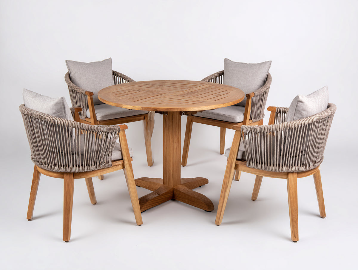 Conjuntos de comedor de jardín de madera y cuerda 120 x 120 x 75 cm - Marrón natural y gris claro - Mesa redonda con 4 sillones