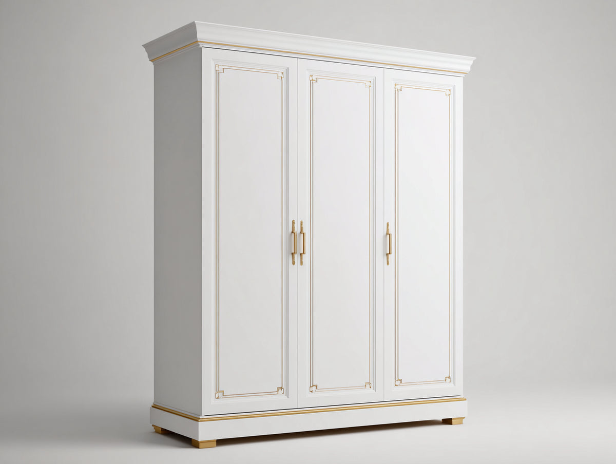 Armarios de madera 160 x 60 x 210 cm - Blanco y dorado - Diseño clásico con 3 puertas y molduras decorativas
