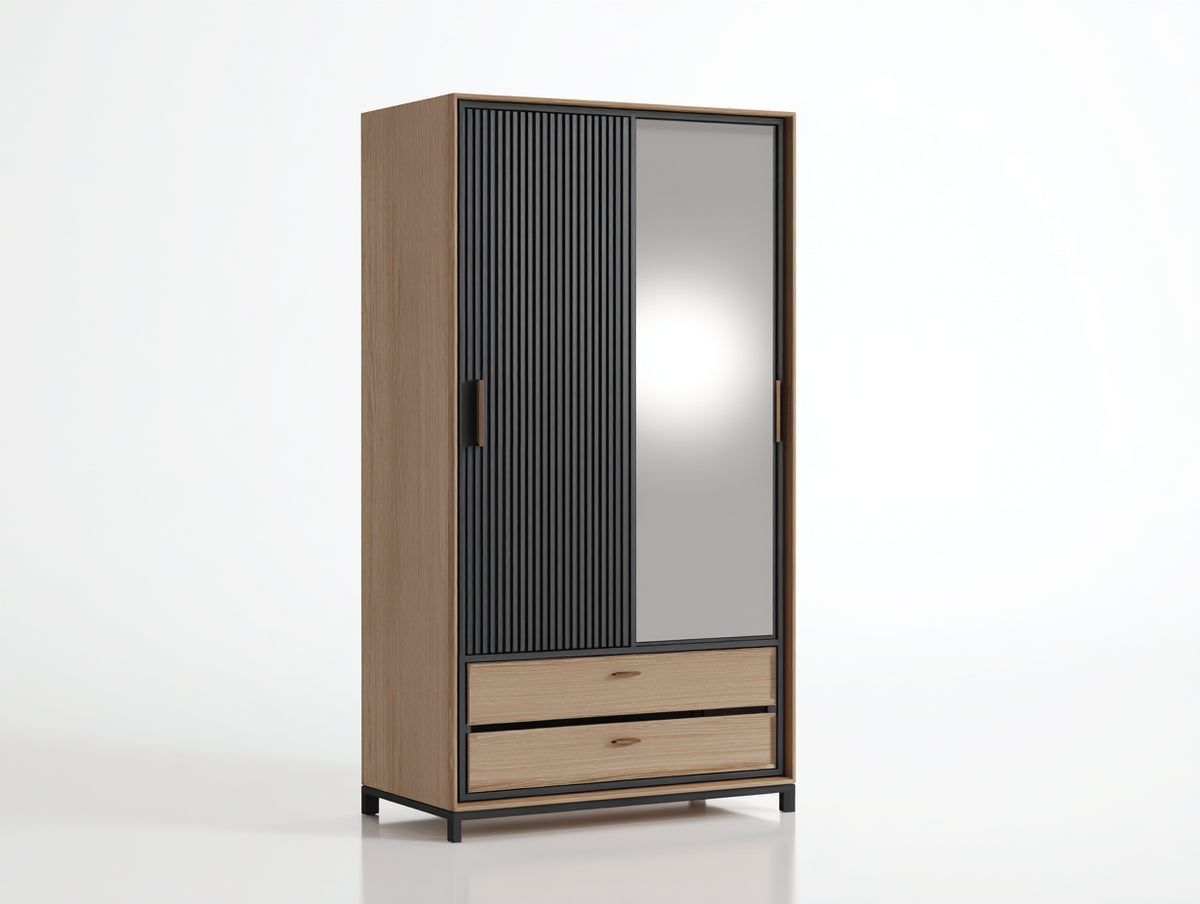 Armarios - madera metal y espejo - 110 x 55 x 190 cm - natural-negro - diseño moderno con 2 puertas y 2 cajones