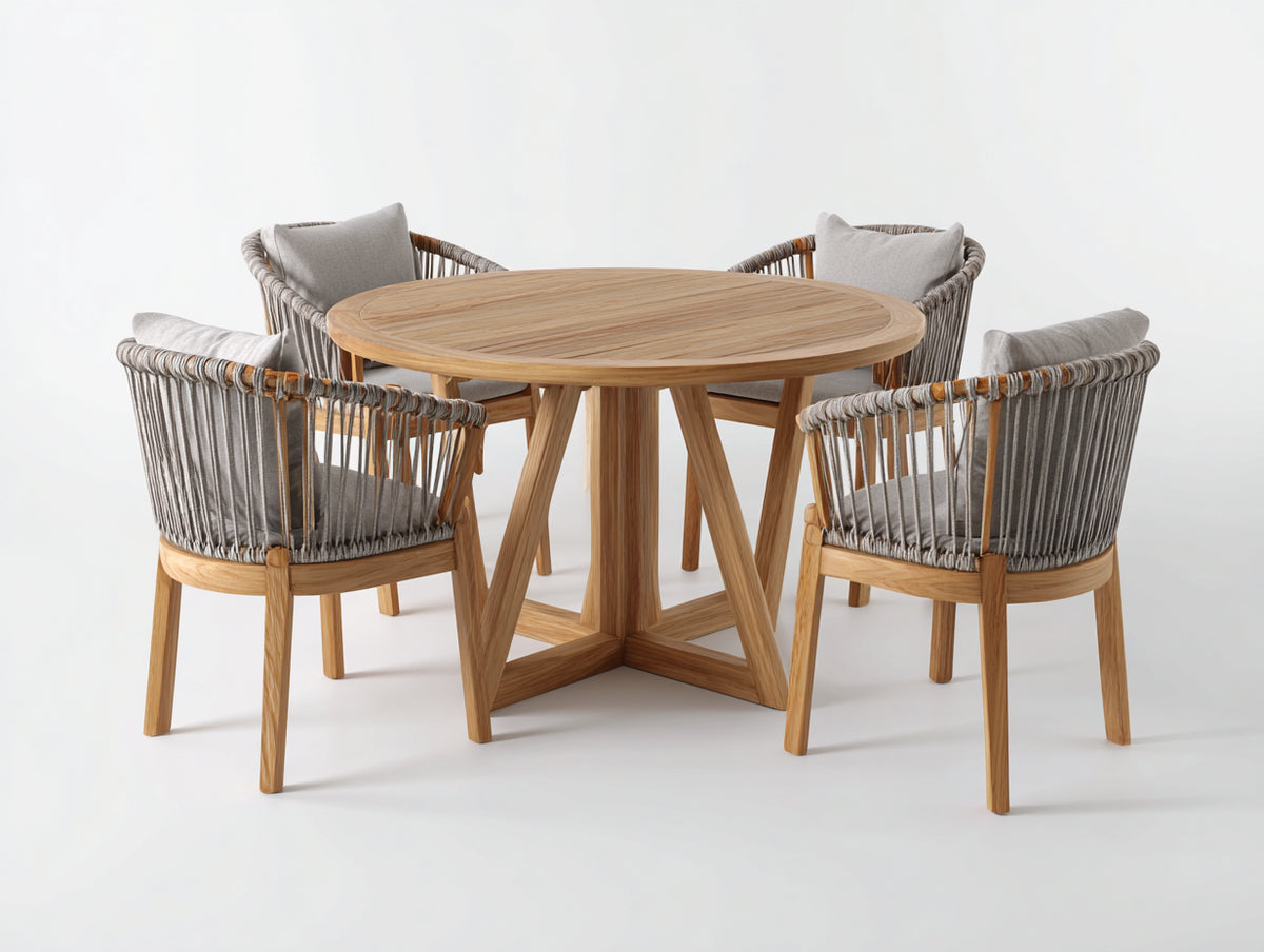 Conjuntos de comedor de jardín - madera cuerda y tejido - mesa 120 x 120 x 75 cm - natural-gris - conjunto redondo de 5 piezas