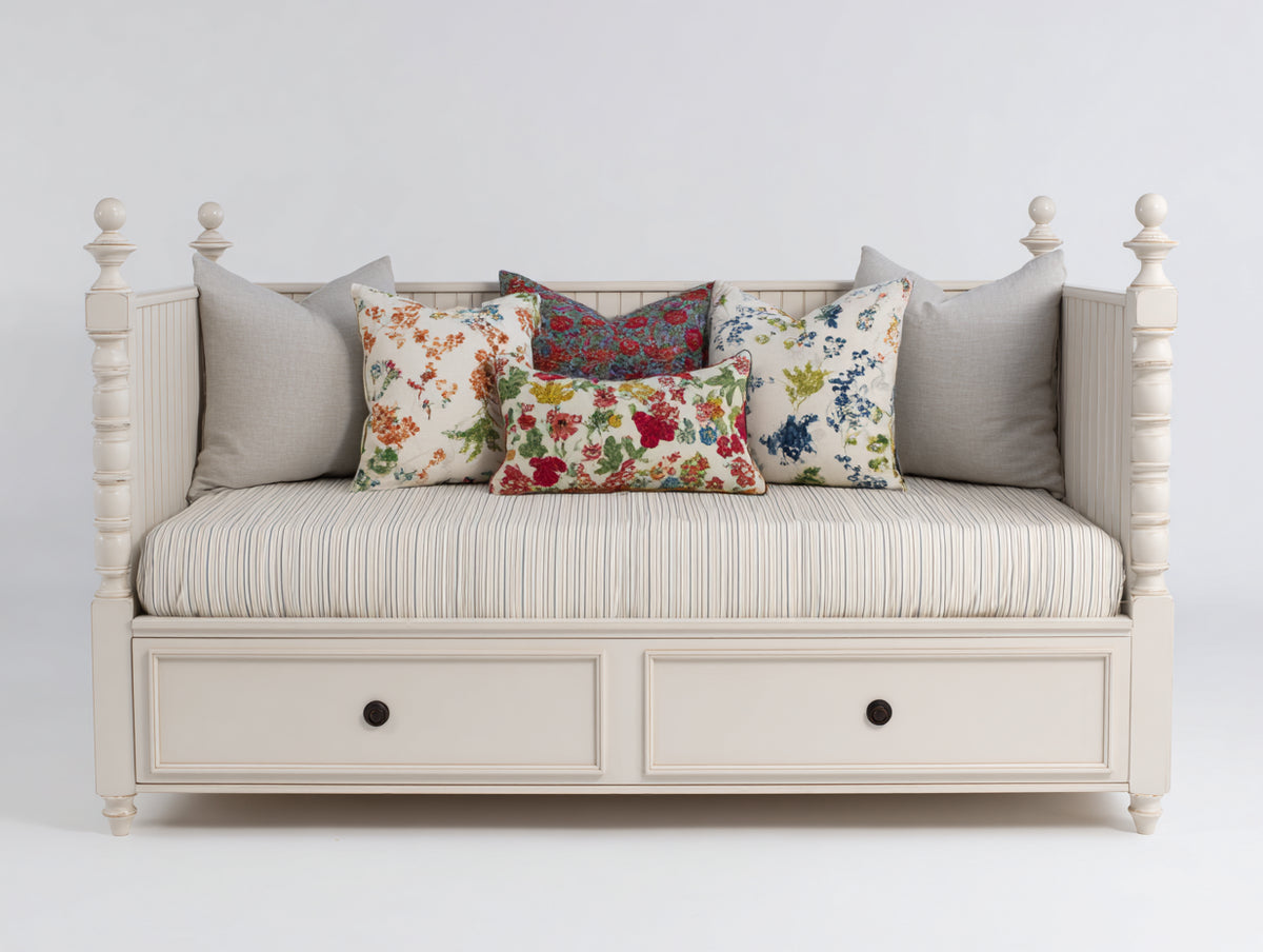 Sofá cama de 3 plazas con estructura de madera 220x90x85 cm - Blanco-Beige - Diseño clásico con 2 cajones de almacenamiento