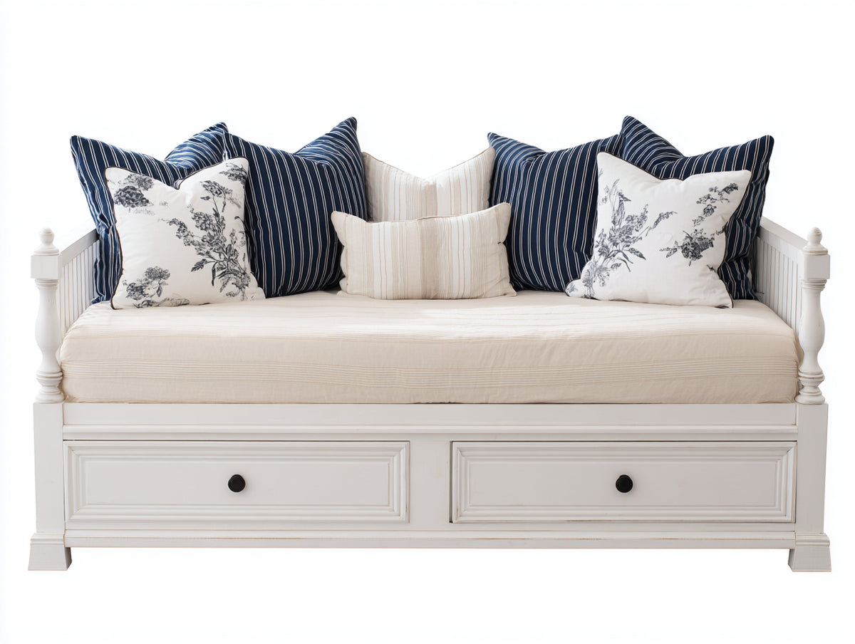 Sofás cama de madera 205x100x94 cm - blanco roto - diseño clásico con 2 cajones y laterales de listones