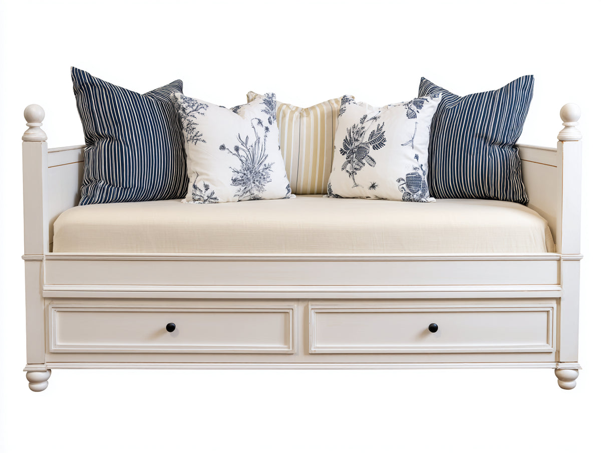 Sofás cama de madera 205 x 100 x 95 cm - Blanco crema - Diseño clásico con 2 cajones integrados