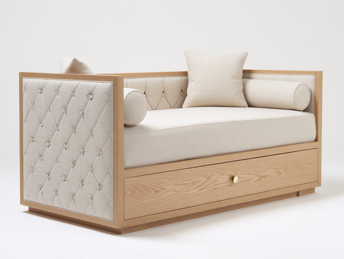 Sofás cama - madera y tejido tapizado - 205 x 100 x 92 cm - natural-beige - diseño moderno con 1 cajón de almacenamiento